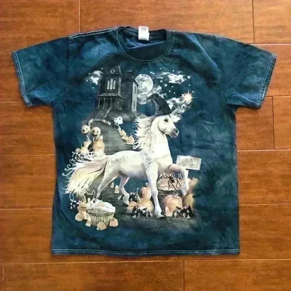 DAVID PENFOUND HALLOWEEN BLUE UNICORN T-SHIRT WOMEN LARGE - Picture 1 of 3